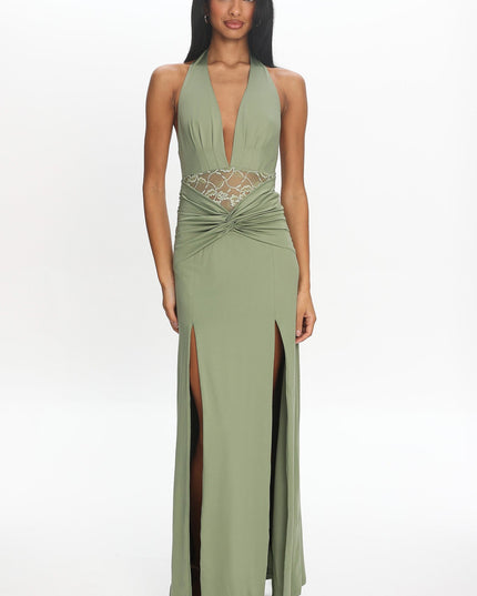 Sage Ruched Slit Maxi Dress