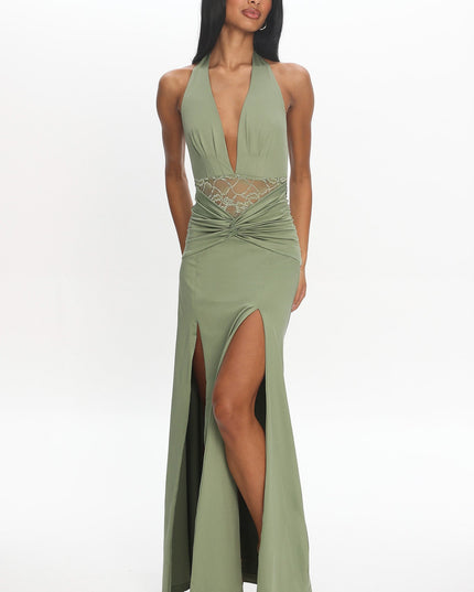 Sage Ruched Slit Maxi Dress