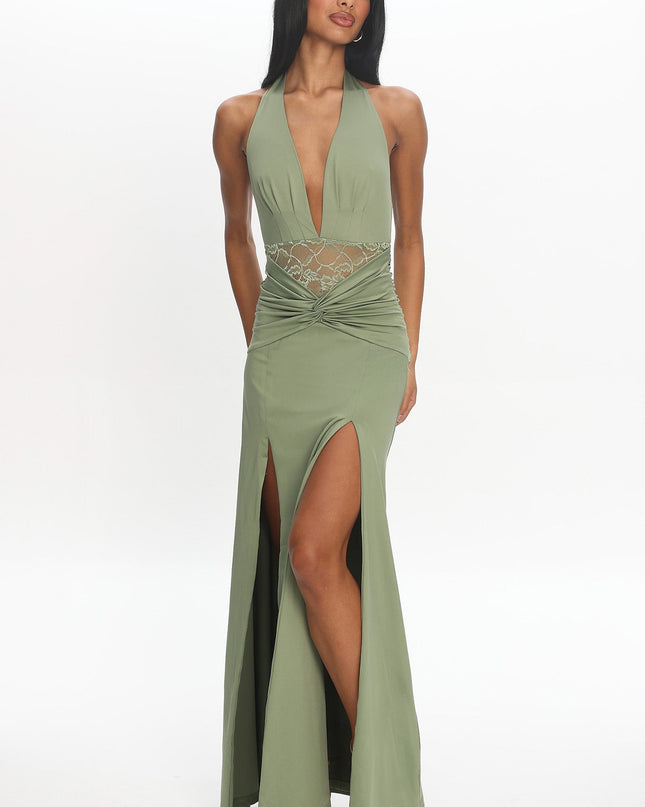 Sage Ruched Slit Maxi Dress