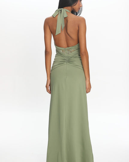 Sage Ruched Slit Maxi Dress