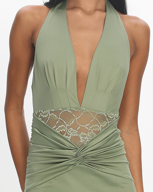 Sage Ruched Slit Maxi Dress
