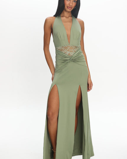 Sage Ruched Slit Maxi Dress