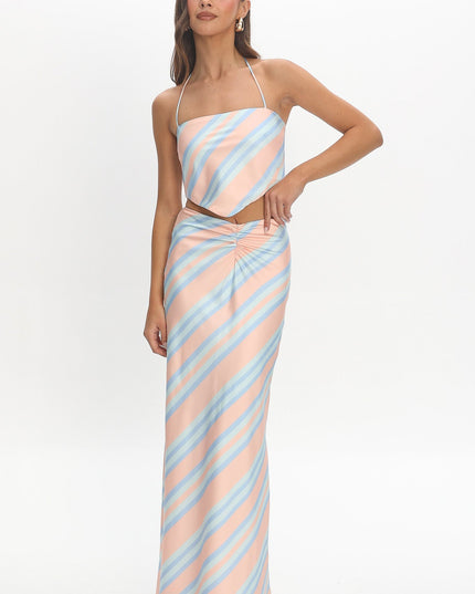 Aqua Ruched Maxi Skirt Striped