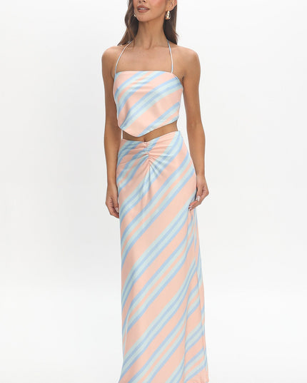 Aqua Ruched Maxi Skirt Striped