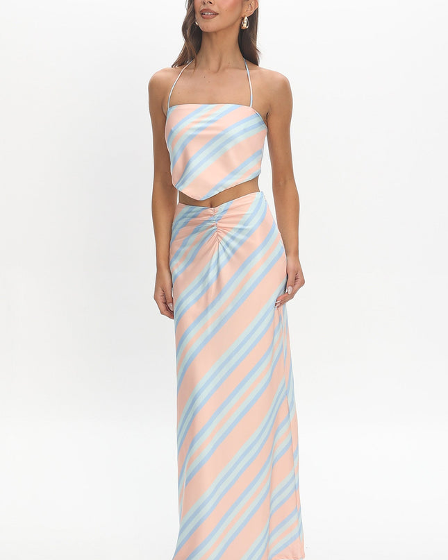 Aqua Ruched Maxi Skirt Striped