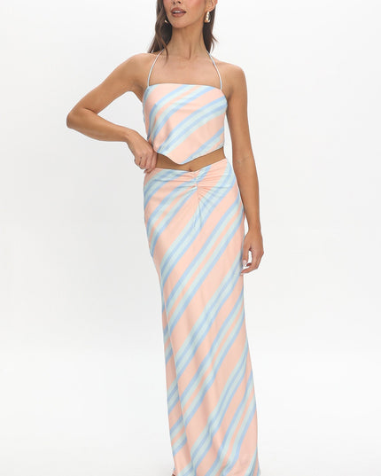 Aqua Ruched Maxi Skirt Striped