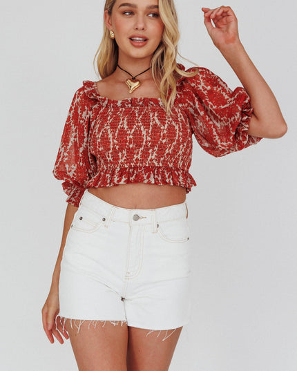 Beige Shirred Bust Off-Shoulder Crop Top Floral
