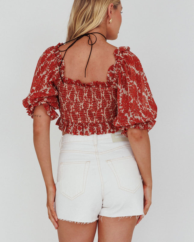 Beige Shirred Bust Off-Shoulder Crop Top Floral