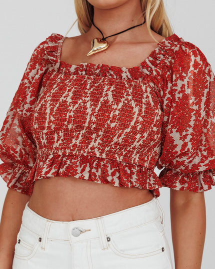 Beige Shirred Bust Off-Shoulder Crop Top Floral