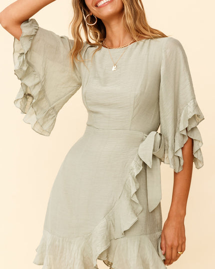 Pistachio Happen Flared Sleeve Ruffle Trim Dress