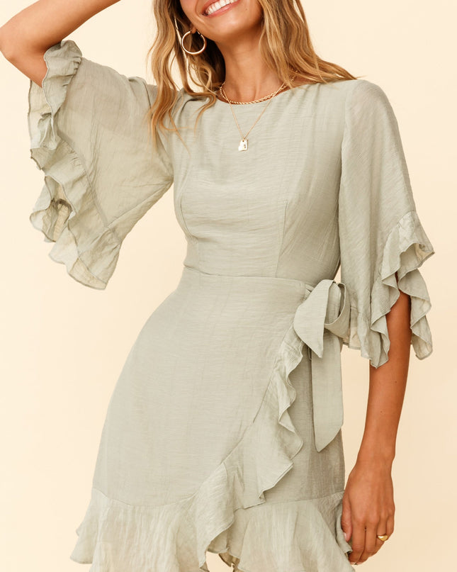 Pistachio Happen Flared Sleeve Ruffle Trim Dress