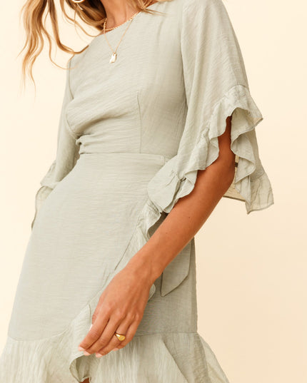 Pistachio Happen Flared Sleeve Ruffle Trim Dress