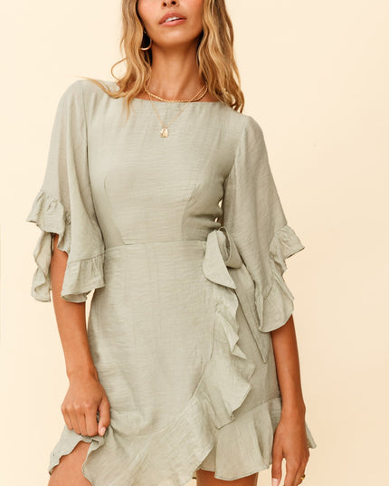 Pistachio Happen Flared Sleeve Ruffle Trim Dress
