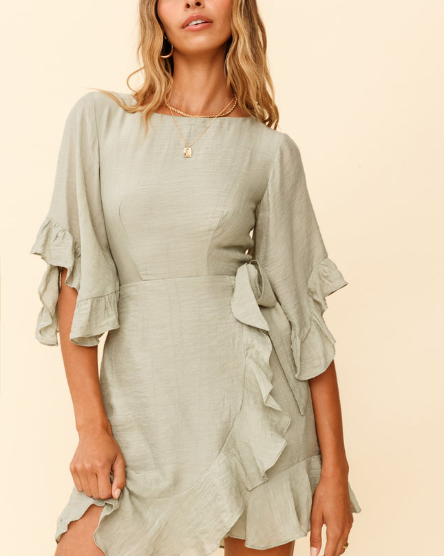 Pistachio Happen Flared Sleeve Ruffle Trim Dress