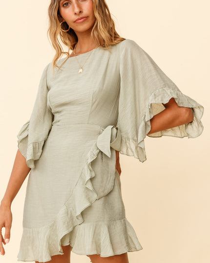 Pistachio Happen Flared Sleeve Ruffle Trim Dress