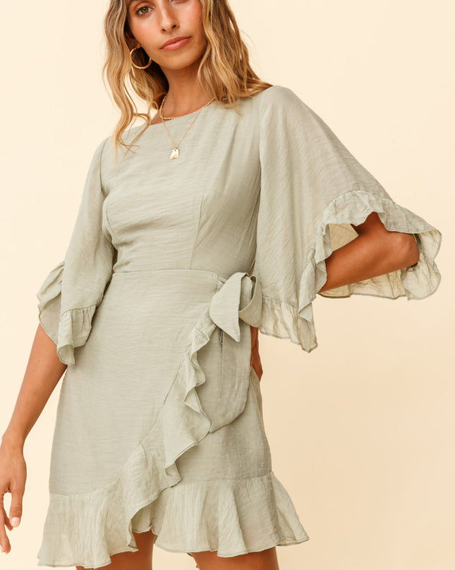 Pistachio Happen Flared Sleeve Ruffle Trim Dress