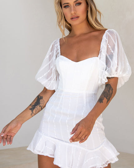 White Ring My Bell Sheer Puff Sleeve Embroidery Detail Dress