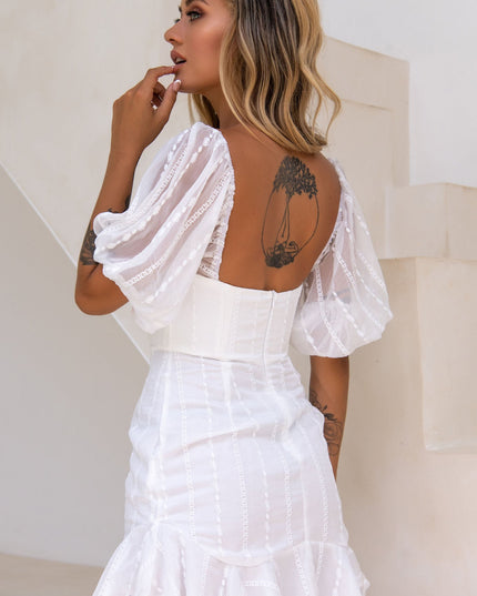 White Ring My Bell Sheer Puff Sleeve Embroidery Detail Dress