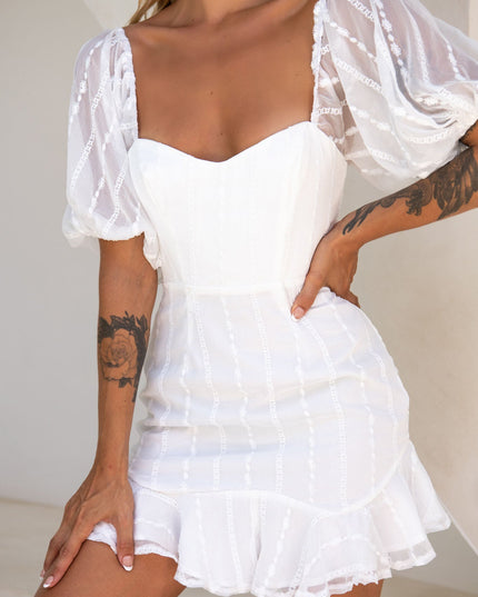 White Ring My Bell Sheer Puff Sleeve Embroidery Detail Dress