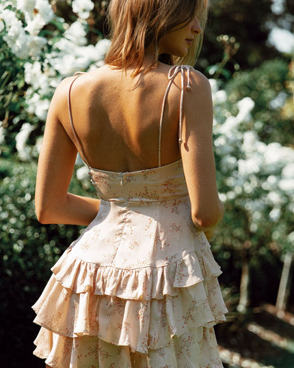 Champagne Flower Child Bust Tie Ruffle Trim Dress Floral Spring Print