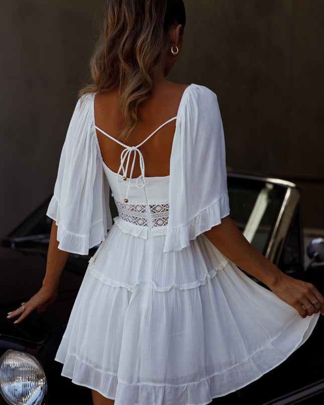 White Rose Bell Sleeve Mini Dress