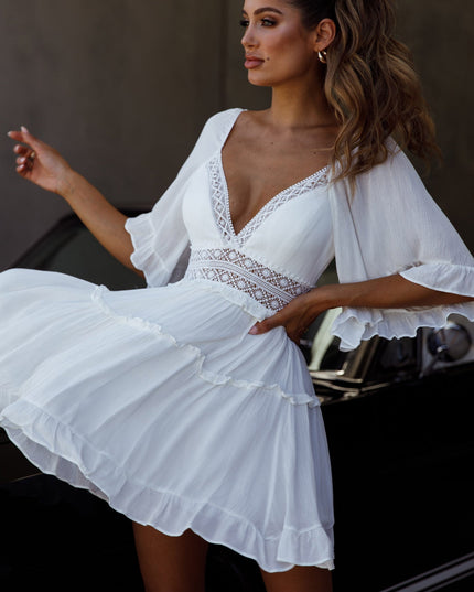 White Rose Bell Sleeve Mini Dress