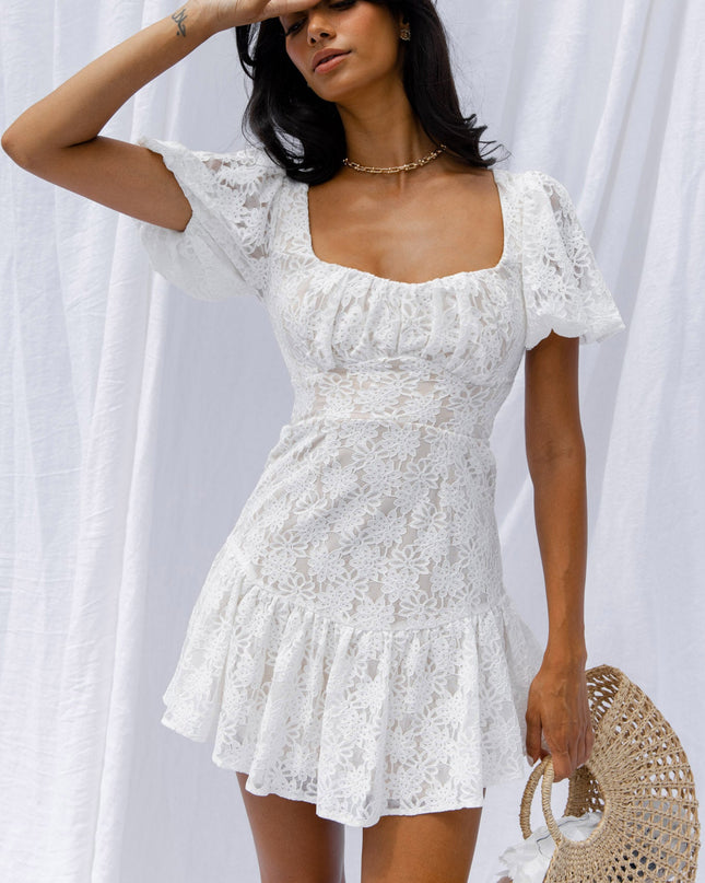 White Petite Cherie Puff Sleeve Lace-Up Back Dress Lace