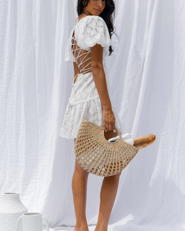 White Petite Cherie Puff Sleeve Lace-Up Back Dress Lace