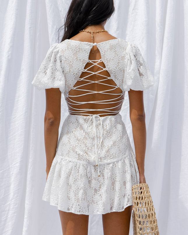 White Petite Cherie Puff Sleeve Lace-Up Back Dress Lace