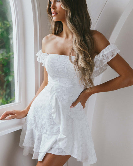 White Off-Shoulder Ruffle Mini Dress