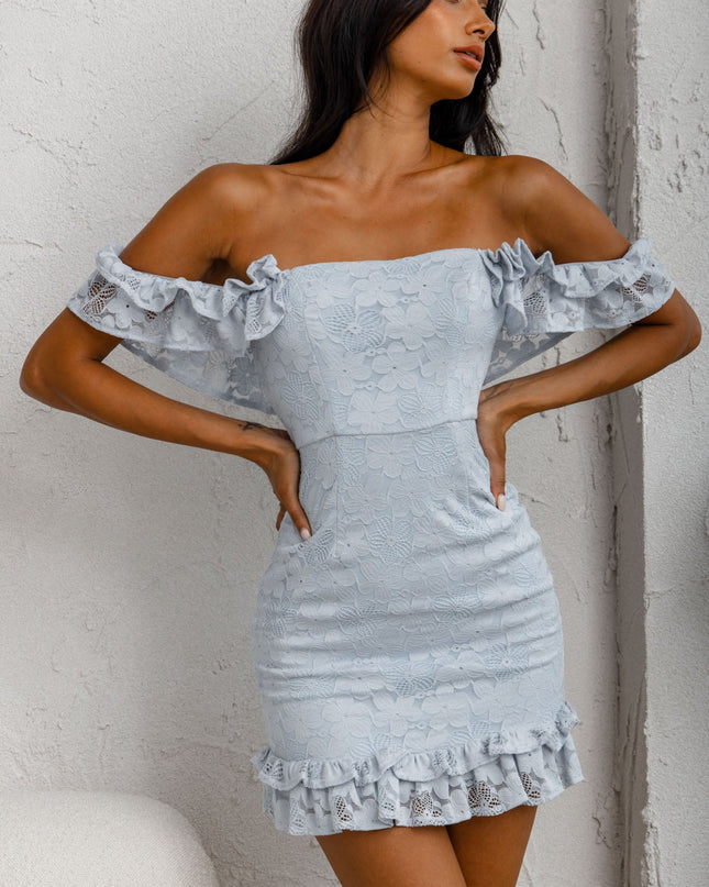 Blue Off-Shoulder Lace Overlay Mini Dress