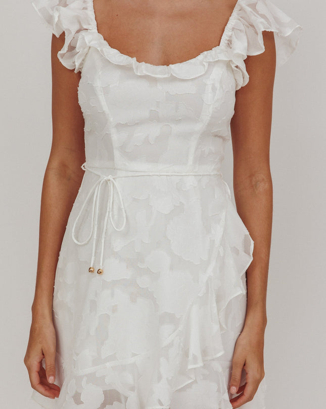 White You Ruffle Trim Dress Textured
