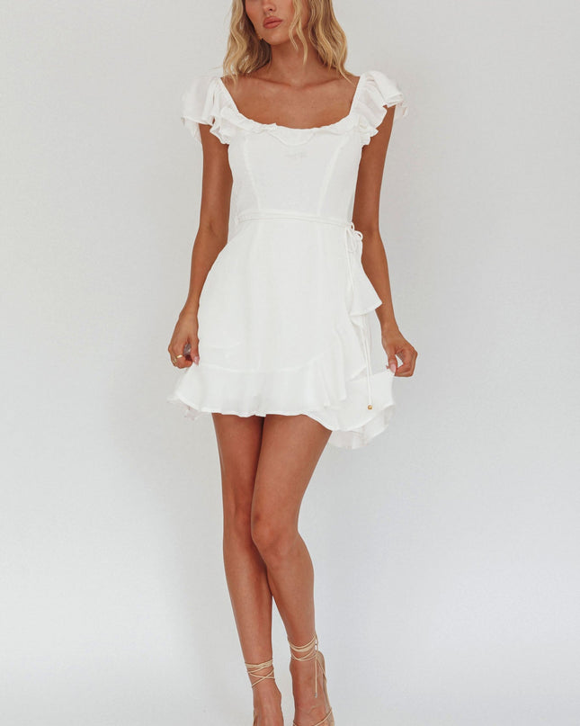 White You Ruffle Trim Waist-Tie Dress
