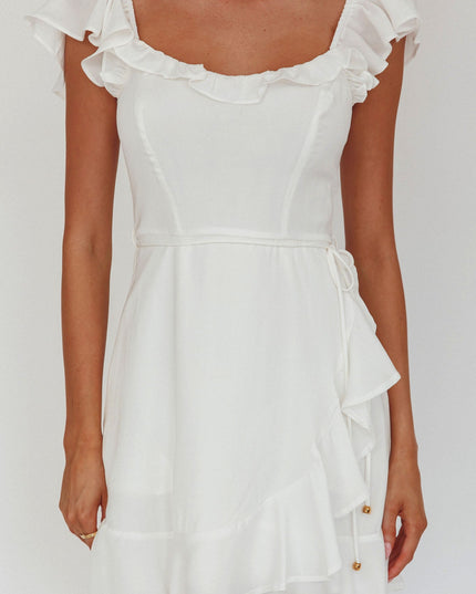 White You Ruffle Trim Waist-Tie Dress