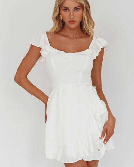 White You Ruffle Trim Waist-Tie Dress