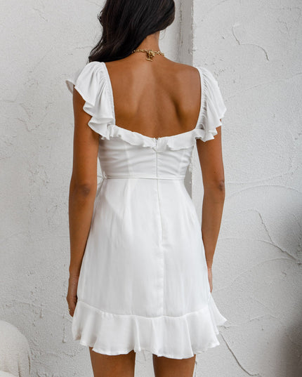 White You Ruffle Trim Waist-Tie Dress