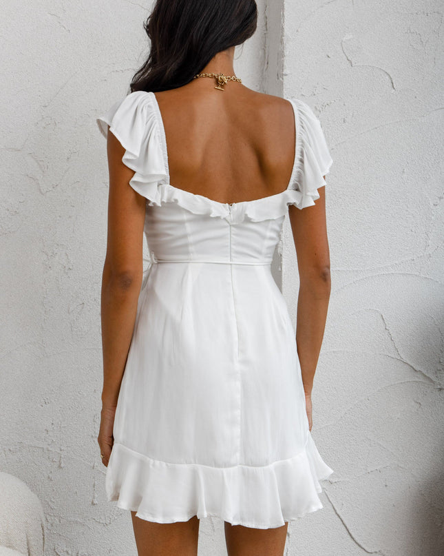 White You Ruffle Trim Waist-Tie Dress