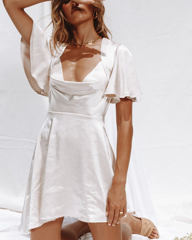 Champagne Sleeve Cowl Neck Satin Dress