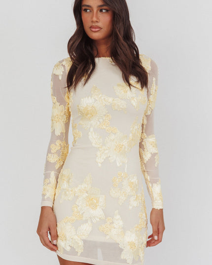 Yellow Long Sleeve Scoop Back Dress Embellished