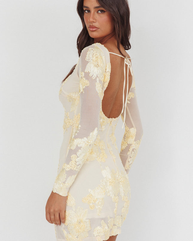 Yellow Long Sleeve Scoop Back Dress Embellished