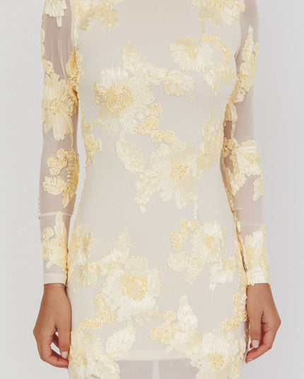 Yellow Long Sleeve Scoop Back Dress Embellished