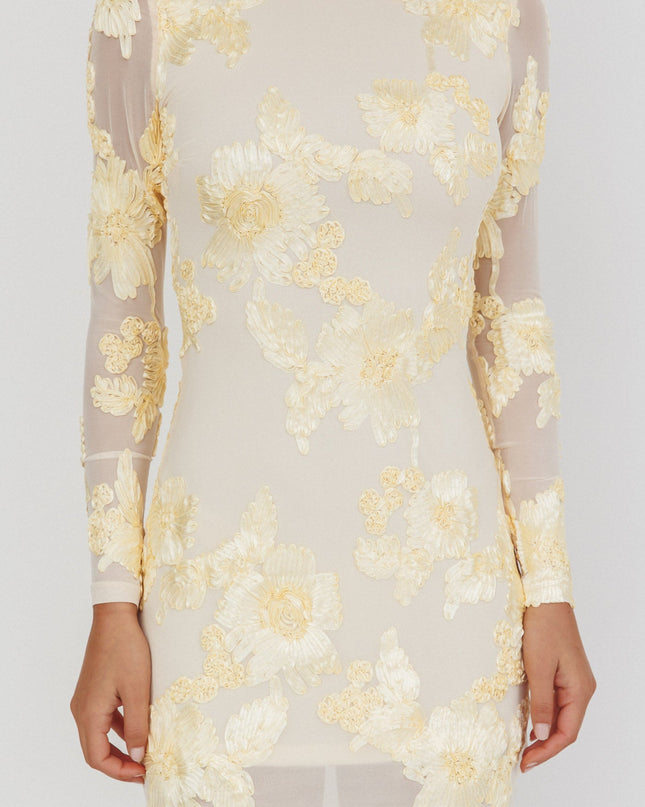 Yellow Long Sleeve Scoop Back Dress Embellished