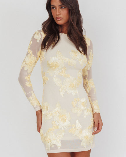 Yellow Long Sleeve Scoop Back Dress Embellished