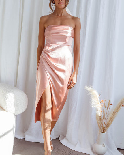Apricot Cowl Bust Strapless Midi Dress