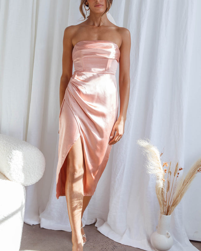Apricot Cowl Bust Strapless Midi Dress