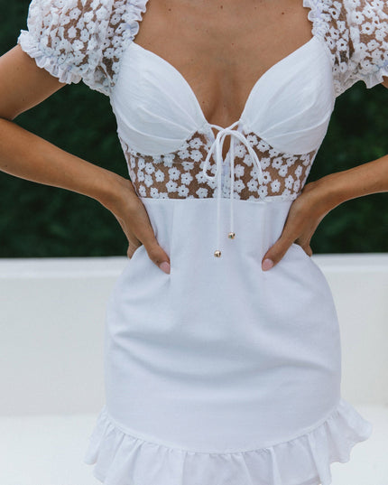 White Puff Sleeve Tie-Up Bodice Floral Embroidery Mini Dress