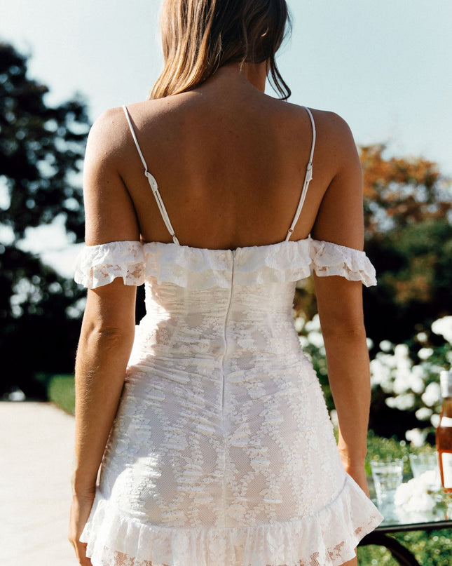 White Frill Trim Lace Overlay Gold Bead Dress