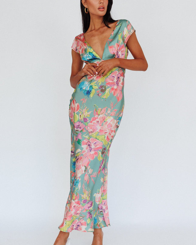 Olive Cap Sleeve Twist Back Midi Dress Floral