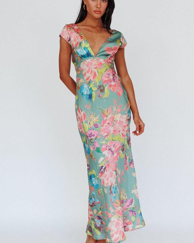 Olive Cap Sleeve Twist Back Midi Dress Floral