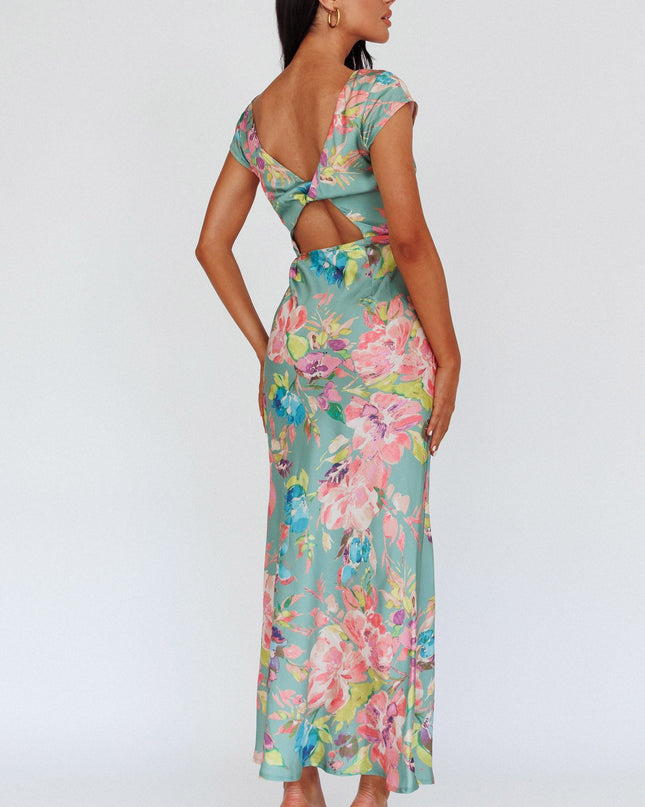 Olive Cap Sleeve Twist Back Midi Dress Floral